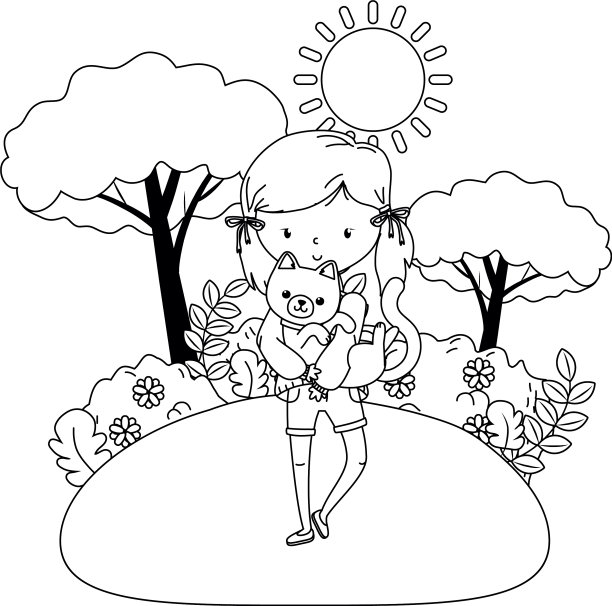 女孩与猫卡通设计图片下载