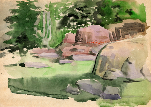 水彩手绘草图，一个古老的景观公园的角落，绿色的草坪上有巨大的花岗岩巨石图片下载