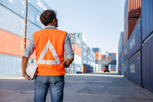 后视图工程师或工厂工人拿着头盔，看着仓库仓库中的集装箱图片下载