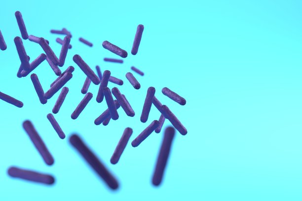 益生菌的概念。对人类有用的微生物群。蓝色背景上的有益细菌。三维渲染图片下载