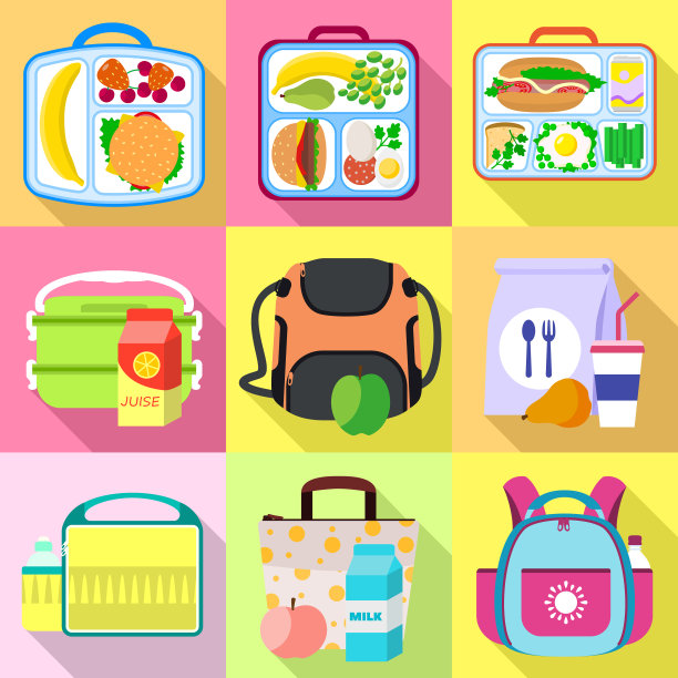 学校午餐袋图标设置平坦的风格图片下载