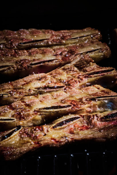 多汁的牛肉排骨和猪排骨在燃气烧烤架上的火上慢慢地烤着图片下载