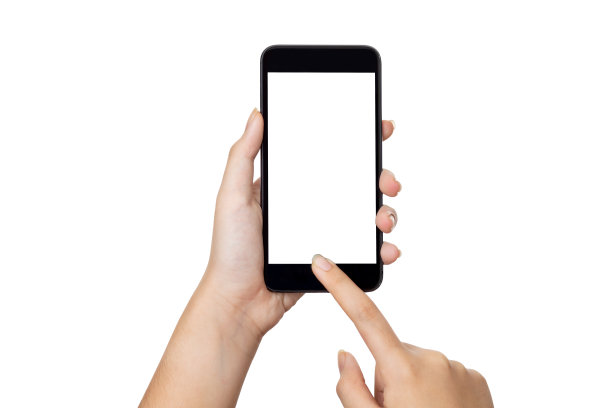 手年轻的女人拿着手机智能手机与空白屏幕隔离在白色背景与剪辑路径图片下载