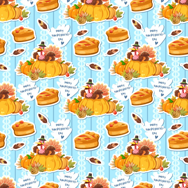 无缝图案背景与鸡毛，南瓜和火鸡拿着派图片下载