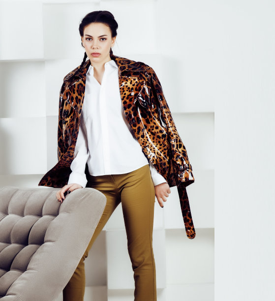 漂亮时尚的女人在时尚连衣裙与豹纹豪华丰富的房间内部，生活方式的人的概念，现代的褐发接近图片下载