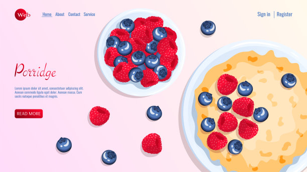 盛粥和浆果的碗。树莓和蓝莓。图片下载