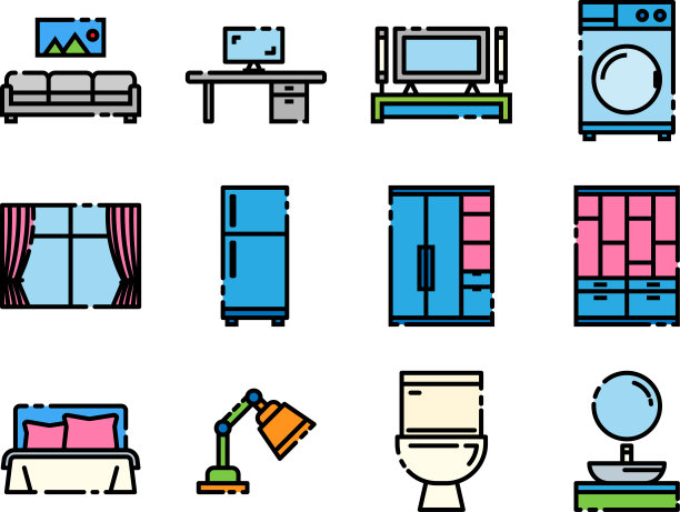 简单的家具平面线条图标集图片下载