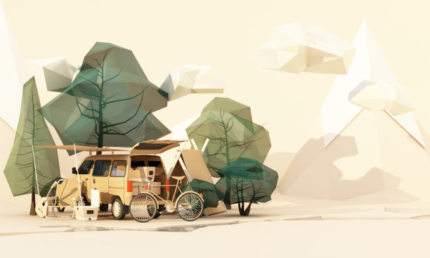 在国家公园里，有自行车、冰桶、吉他和椅子，以及以云和山为背景的树。柔和的色调3d渲染图片下载