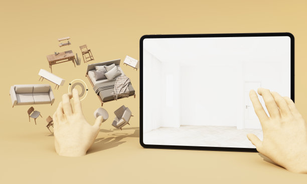 增强现实的概念。用你的手选择网上购物家具。用AR应用来模拟家具和设计产品在空荡的室内现代房间中逼真的三维渲染图片下载