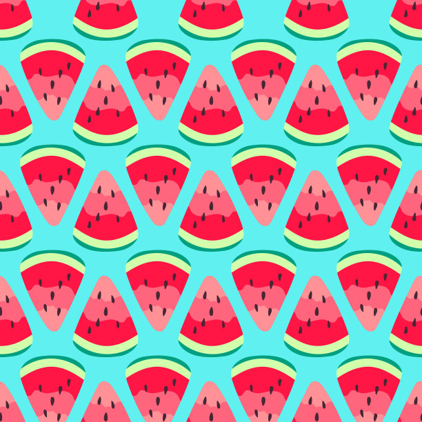 矢量西瓜手绘无缝图案。可爱的夏天新鲜水果印花。西瓜红片种子重复纹理的蓝色背景墙纸，织物设计，装饰，纺织品图片下载