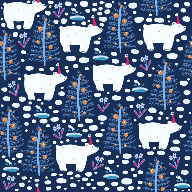 无缝图案有圣诞树、白熊、雪花图片下载