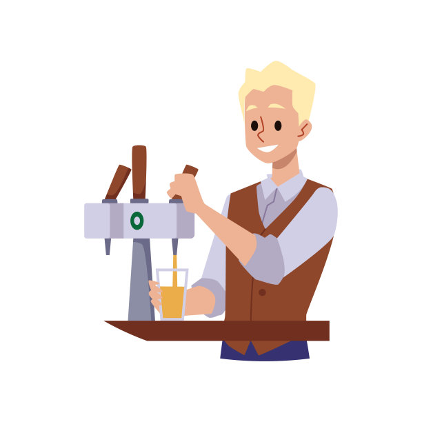 酒保或酒保性格倒啤酒平面矢量插图孤立。图片下载