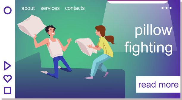 幸福夫妇战斗枕头在床上，着陆页模板，平面矢量插图。图片下载
