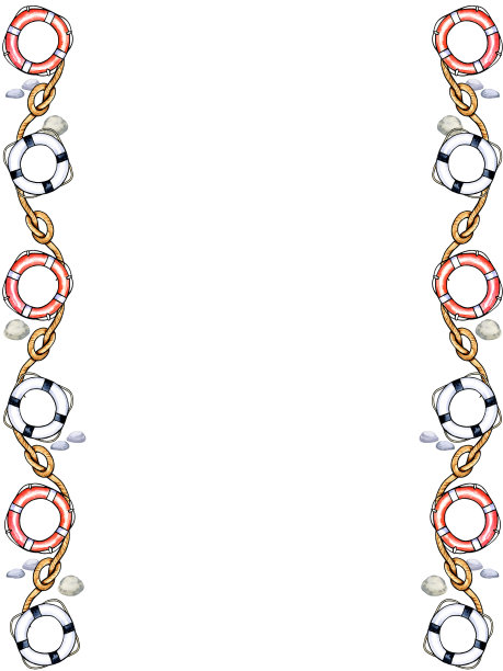 水彩边界与生命线，救生员和结在白色背景。水彩插图。手绘草图。图片下载