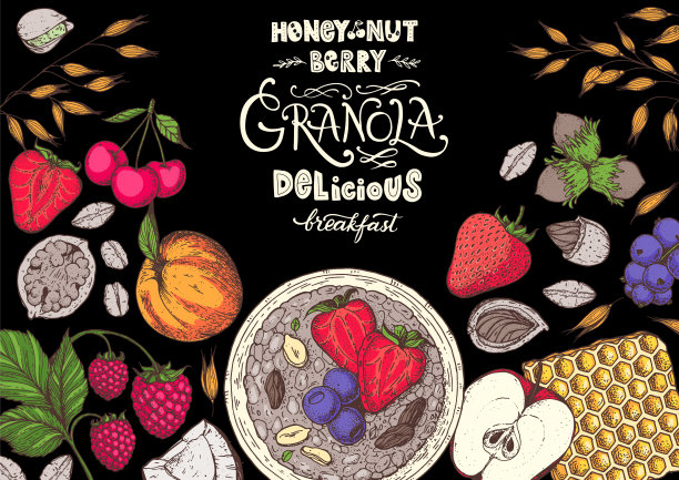 格兰诺拉麦片插图。燕麦片、浆果、水果和坚果。早餐顶视图框架。早餐菜单设计。手绘矢量插图。图片下载