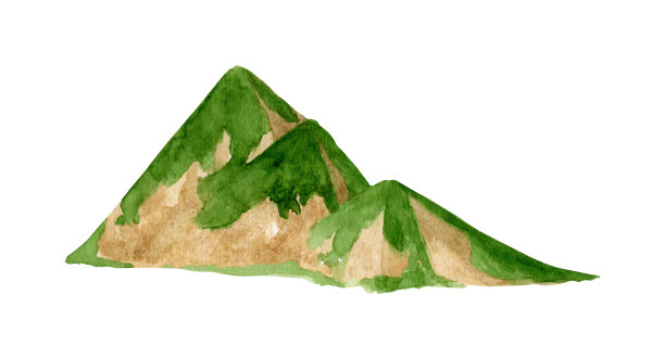 水彩绿色山脉插图。手绘高峰孤立在白色背景。夏天山上的风景。自然设计远足，旅游，印刷，墙壁艺术，卡片，装饰。图片下载