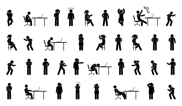 一组象形图，不同姿势和手势的人，女人和男人，孤立的图标，简笔画人体轮廓图片下载