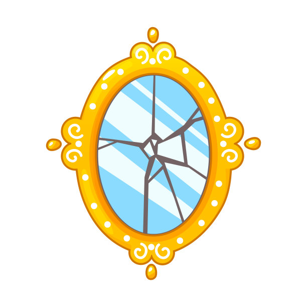 破碎的卡通镜子。椭圆形的金色复古镜子有裂缝。图片下载