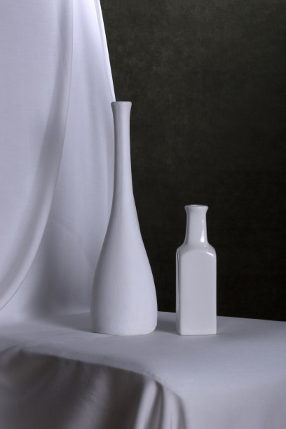 静物画，白色织物上的两个白色花瓶图片下载