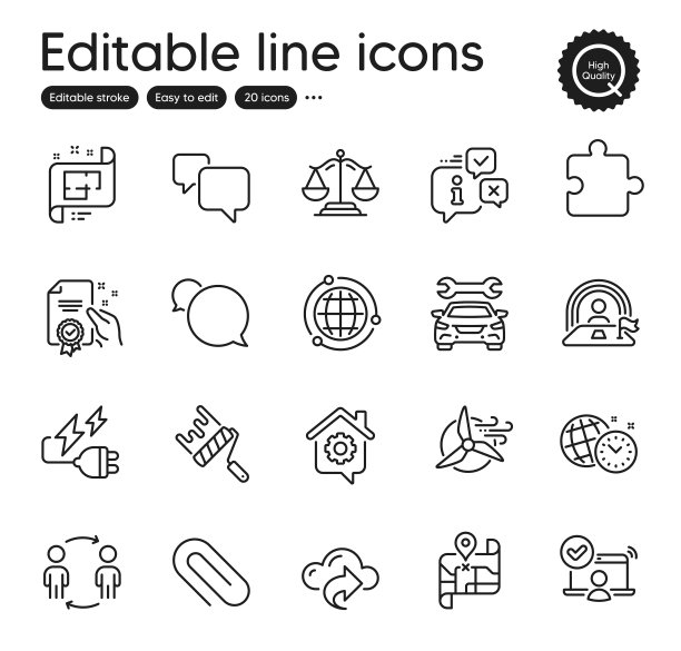 一套教育大纲图标。包含电插头，语音泡泡和风车涡轮元素的图标。向量图片下载