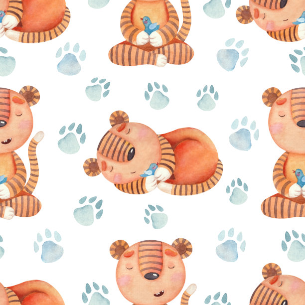 无缝水彩图案与老虎和爪印图片下载