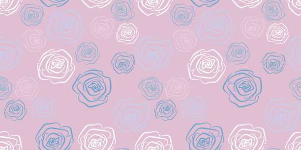 多色春天花无缝图案白色和蓝色线艺术玫瑰花在粉红色的背景。带包装的花卉元素图片下载