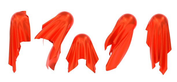 3D球体覆盖红色丝绸布。逼真的一套球隐藏在缎面织物，猩红色天鹅绒织物帷幔和褶皱。秘密礼物，惊喜孤立在白色背景，3D渲染图片下载