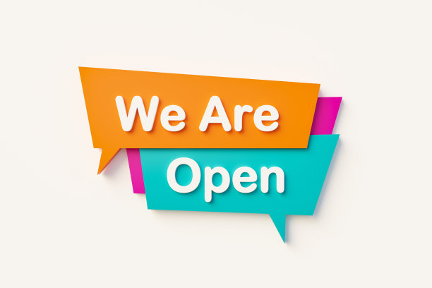 我们是开放的。语音泡泡有橙色、蓝色、紫色和白色文字。图片下载