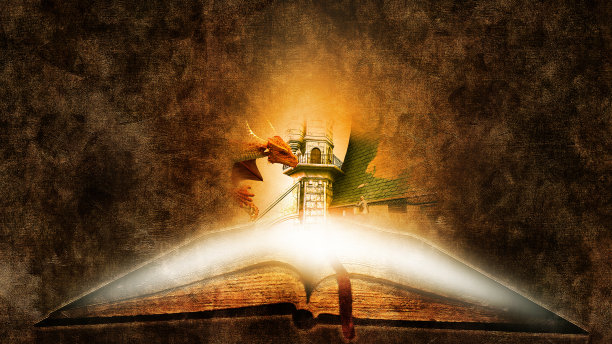 打开一本精灵与龙搏斗的童话故事。幻想中世纪。图片下载