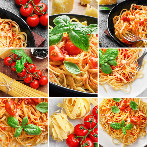 一套各种美味的意大利通心粉与番茄和罗勒。图片下载