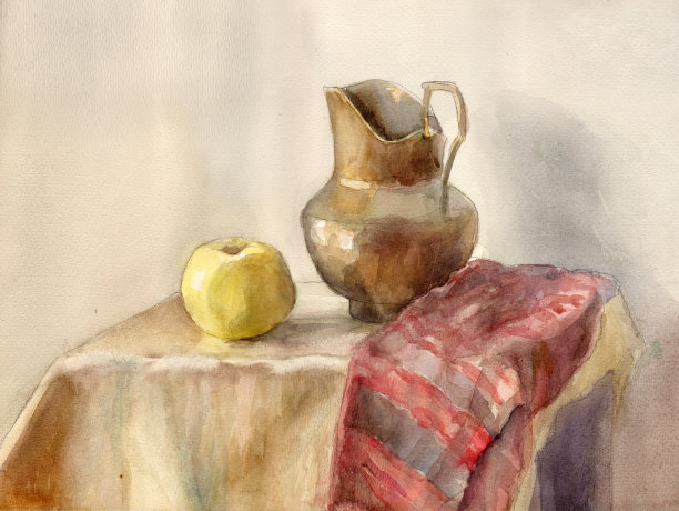 水彩静物画，古铜壶，黄苹果，条纹织布图片下载