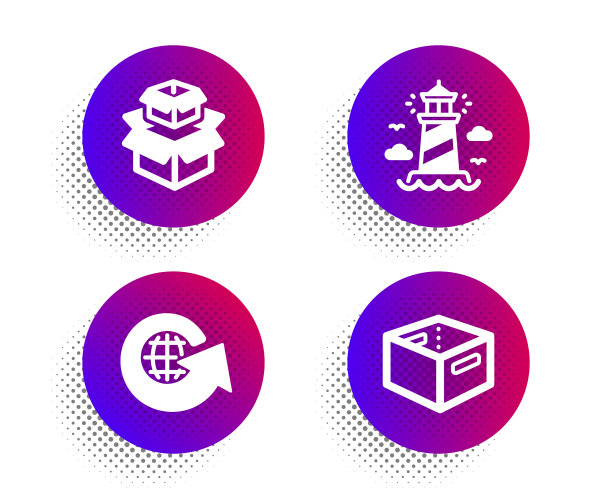 包装盒灯塔和世界地球仪图标图片下载