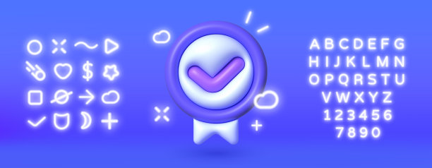 3d复选标记设置3d网页设计。霓虹灯盾勾选标志图标。矢量设计。孤立的背景。三维向量。选中右矢量图标。蜱虫图标。孤立的图标集图片下载