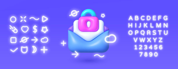 3D霓虹灯图标：网页安全邮件数据保护Web banner 3D矢量图标图片下载