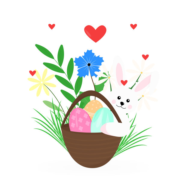 复活节彩蛋篮子和一只兔子在春天花束的背景图片下载