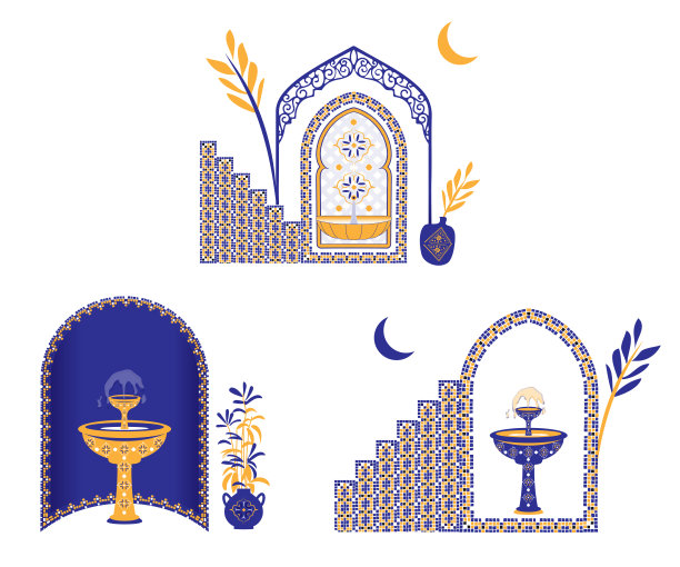 摩洛哥布景、房子、门、窗和传统的马赛克图案。伊斯兰窗和门形状设置。阿拉伯门和窗户的剪影，颜色为蓝色和金色。矢量插图。图片下载