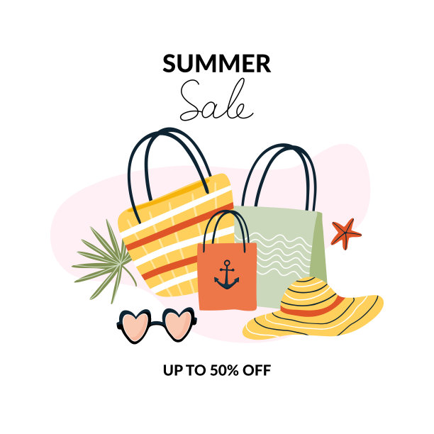 夏天买东西。夏天出售。一套可爱的夏季元素。完美的夏季海报，卡片，横幅。手绘矢量插图图片下载