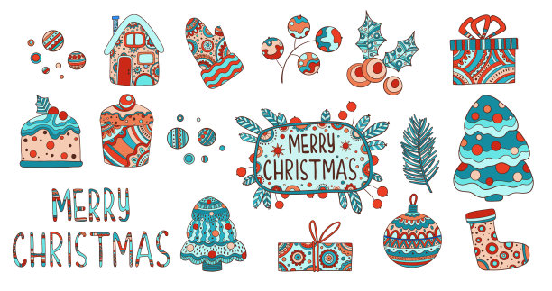 圣诞节图标轮廓手绘矢量素材：冬季装饰图片下载