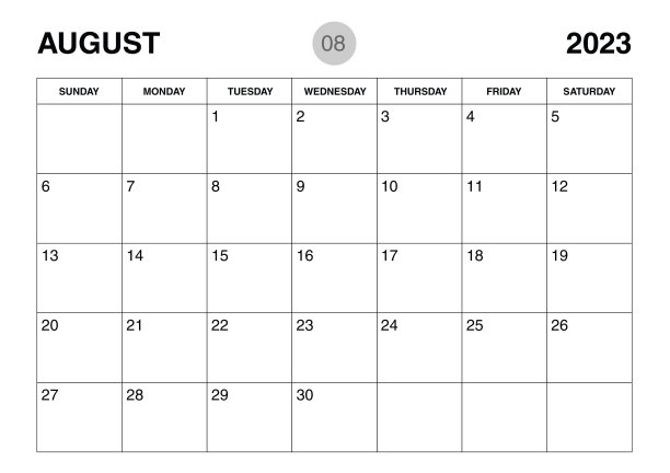 2023年8月计划模板，日历2023模板，月度和年度计划。组织者的日记。星期开始星期日，企业计划模板，2023年的台历，矢量插图图片下载