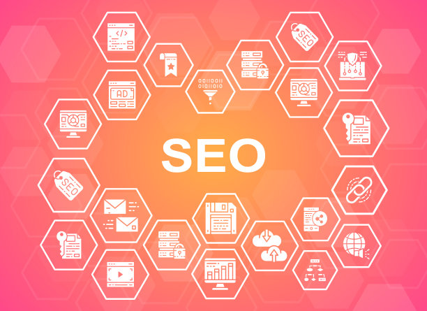 SEO推广图标横幅。书签，托管，超链接，广告，数据传输设计元素与线性图标插图。图片下载