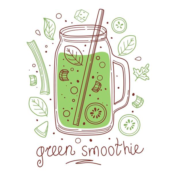 夏季绿色排毒饮料，水果冰沙，有机柠檬水玻璃瓶，罐子和吸管。清爽的夏季自制饮料。彩色平面矢量插图孤立的白色背景图片下载