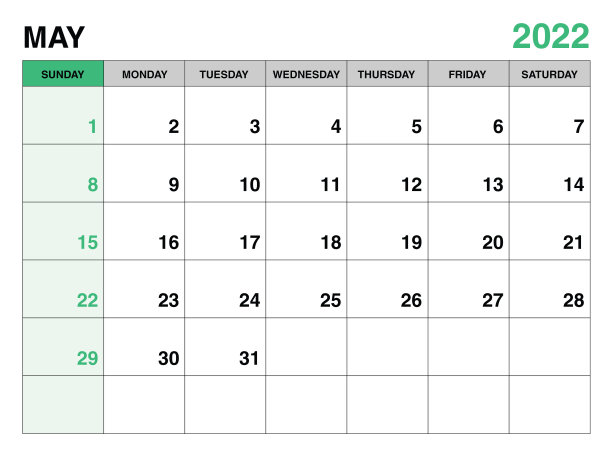 2022年5月年度计划员模板、2022年日历模板、月度和年度计划员。组织者的日记。周周日开始，企业策划模板，台历2022，绿色背景，矢量图片下载