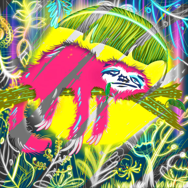 创意图案可爱的手画树懒睡在森林月亮夜时间懒惰的动物人物插图。幻想风格懒惰图片下载