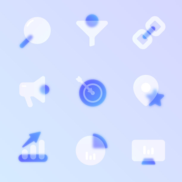 Seo玻璃形态时尚风格图标集。Seo透明玻璃颜色矢量图标与模糊和紫色梯度。用于网页和UI设计，移动应用程序和促销业务测谎图片下载