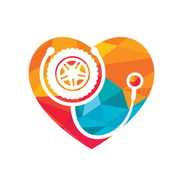 汽车支持和护理标志概念。轮胎和听诊器图标标志设计。图片下载