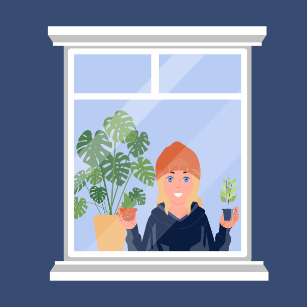 窗口。女孩手里拿着室内植物。向量孤立。图片下载