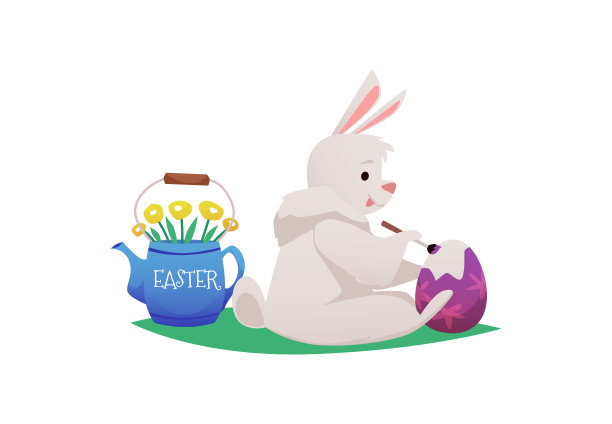 可爱的卡通复活节兔子坐和油漆复活节彩蛋孤立在白色图片下载