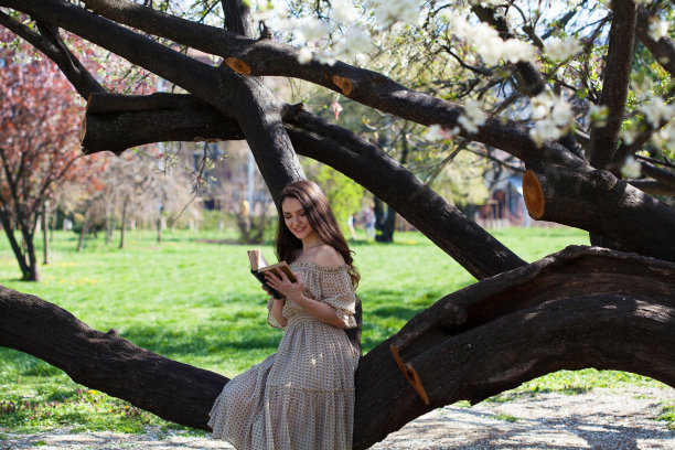 一个年轻女子在公园看书图片下载