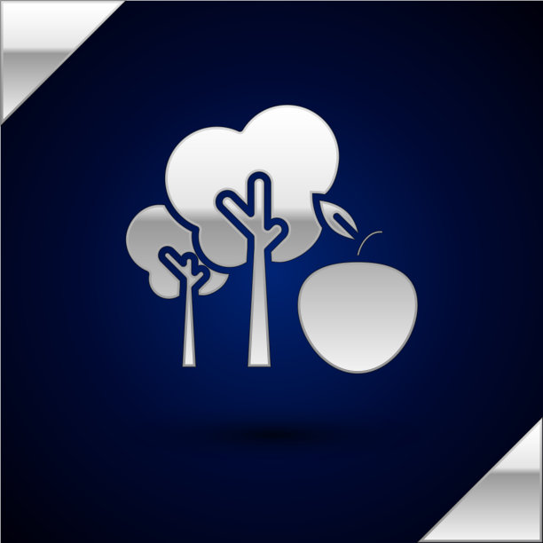银色树与苹果图标孤立在深蓝色图片下载