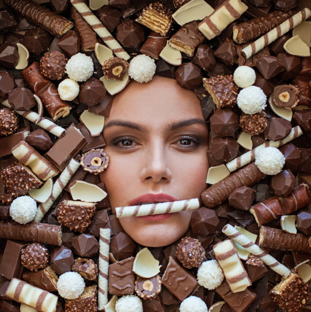 迷人迷人的女人在深棕色巧克力背景。年轻漂亮的脸，干净的皮肤，嘴里含着糖果。图片下载